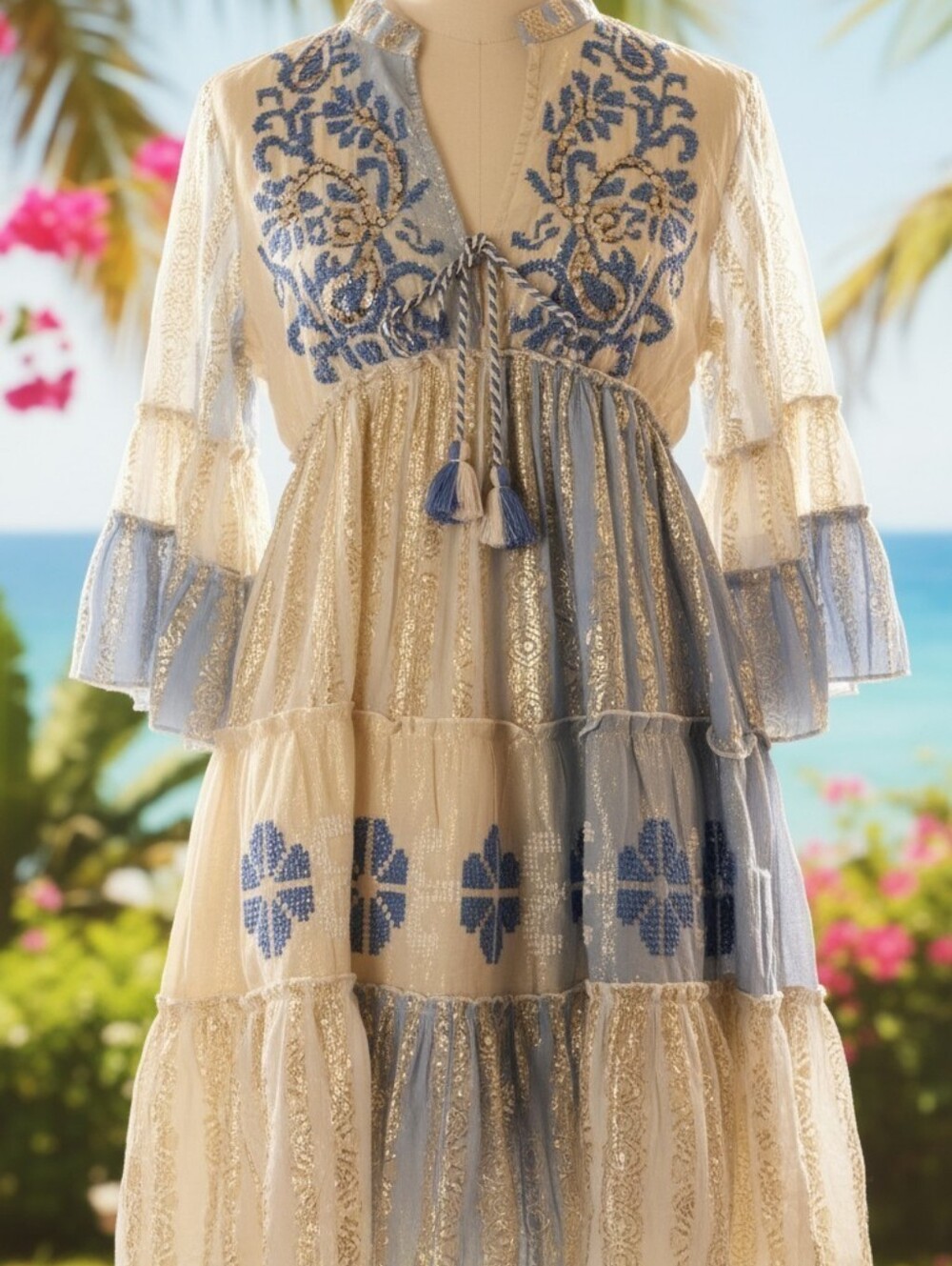 Boho Embroidered Tassel Tiered Dress in Light Blue and Cream